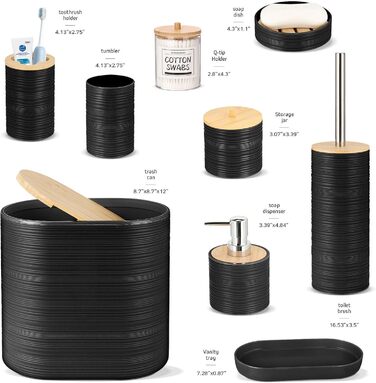Набір аксесуарів для ванної кімнати IMAVO, 9 предметів, чорний: миска для мила, диспенсер для мила, тримач для зубних щіток, стакан для зубних щіток, тримач для туалетного йоржика, диспенсер для ватних паличок