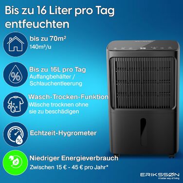 Електричний осушувач повітря з LED-дисплеєм, таймером та захистом від дітей | Осушує 16л вологи на добу | Для приміщень до 70м² | Енергоефективний осушувач з датчиком вологості | Білий/Чорний