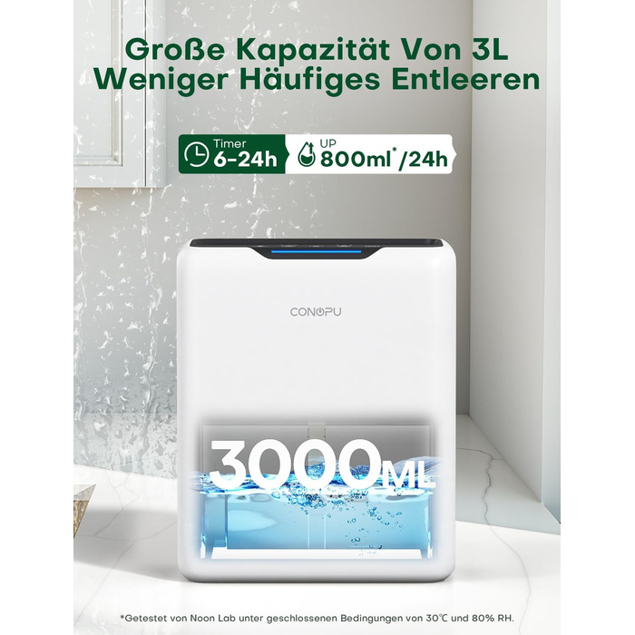 Осушувач повітря CONOPU 3000 мл, електричний осушувач повітря 30 м, подвійний напівпровідник, сплячий режим 30 дБ, функція автоматичного розморожування, 1,3 кВтгод/день, таймер 24 години, автоматичне вимкнення