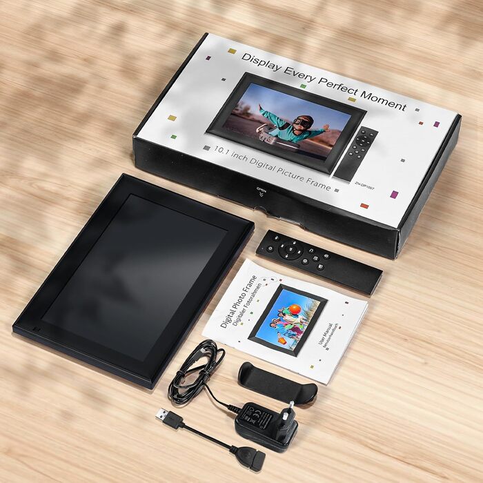 Цифровий фоторамка OBVHNUA 10.1' з 128 ГБ пам'яті, без Wi-Fi, IPS-дисплей 1280*800, відтворення фото, музики, відео, календар, USB/SD, настінний монтаж