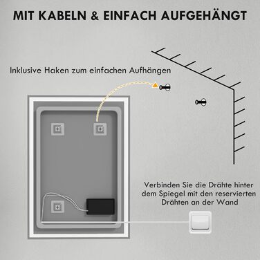 Дзеркало для ванної кімнати HOMCOM з підсвічуванням 70 x 50 см, LED, сенсорне управління, функція пам'яті, 3 кольори світла, антизапарник, срібне