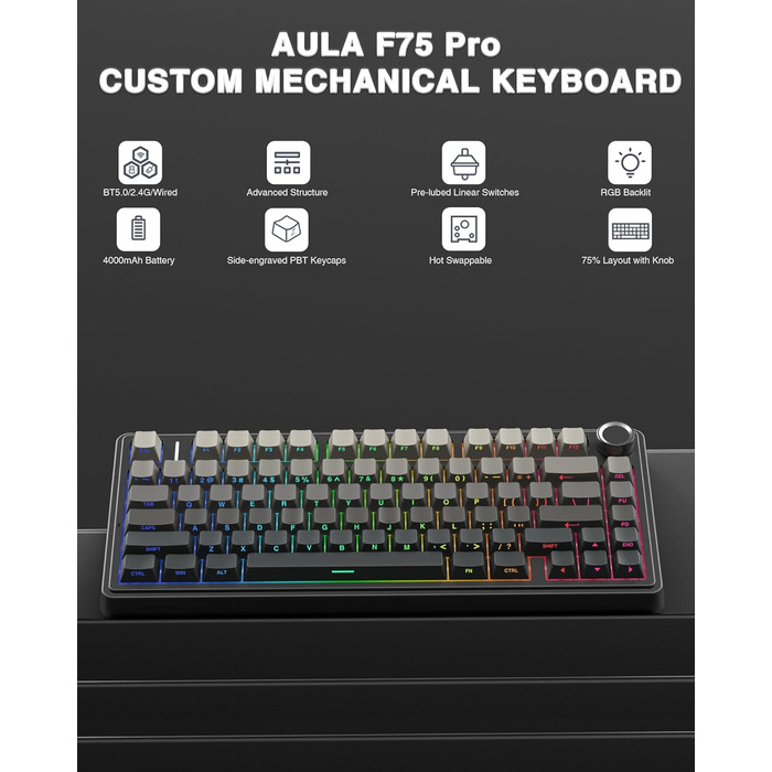 Механічна клавіатура AULA F75 PRO для геймінгу: бездротовий підключення 2.4GHz/BT5.0, Hot-Swap, QWERTY, сірий колір з градієнтом, 75%