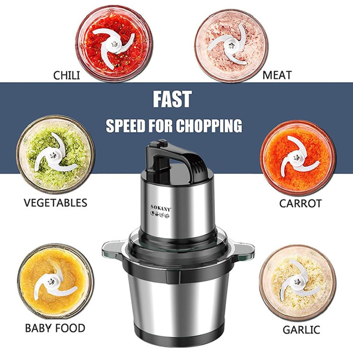 М'ясорубка-подрібнювач Sokany SK-7028 800W з чашею 4л, електричний подрібнювач для м'яса, овочів, фруктів з 2 швидкостями та 4 лезами