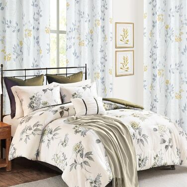 Штори Beauoop Yellow Grey Voile, Квітковий візерунок, Лляний вигляд, Комплект з 2 шт. , 127x245см, напівпрозорі