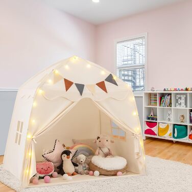 Дитяче намет-ігровий будиночок HOMASIS з 20 зірками, 12 вінцями, килимком, 2 вікнами та шторою. Ідеальний для хлопчиків та дівчаток. Намет-палатка для дитячої кімнати (Бежевий)