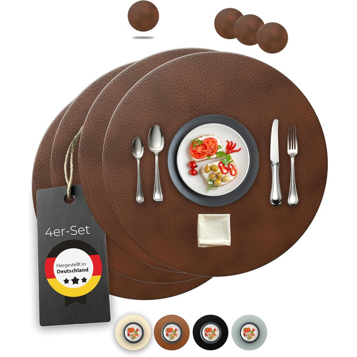Набори серветок Garnier® з екологічного шкіряного матеріалу, 4 шт. – Миючі, стабільні, протиковзні – Виготовлено в Німеччині (круглі, темно-коричневі)
