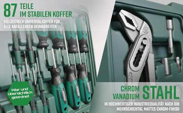 Набір інструментів Brüder Mannesmann 87 предметів у кейсі з Cr-V сталі: викрутки, плоскогубці, молоток, рівень, головки та біти M29084