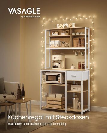 Полиця кухонна VASAGLE з розетками, підлогова, 40 x 100 x 180,4 см, полиця для випічки, регульовані полиці, тканинний ящик, 12 гачків, для кухні, антрацитово-чорний, KKS027B02