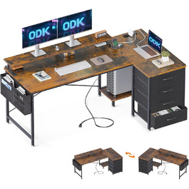 Кутовий стіл ODK L-подібний, 160x80x84.7 см з 4 висувними ящиками та USB-портами для дому та офісу, коричневий