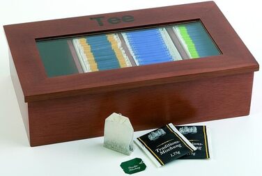 Дерев'яна коробка для чаю преміум-класу, 4 відділення по 30 пакетиків у кожному, кришка залишається відкритою, червоно-коричнева (макс. 60 символів)