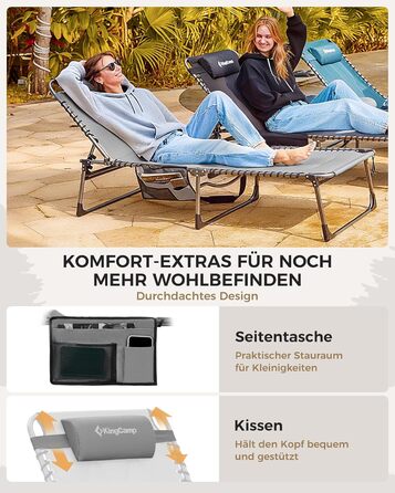 Лежак для відпочинку KingCamp великого розміру, складаний, 5 положень, для саду, кемпінгу, пляжу, з подушкою та кишенею, до 200 кг, 200 x 68 см, сірий