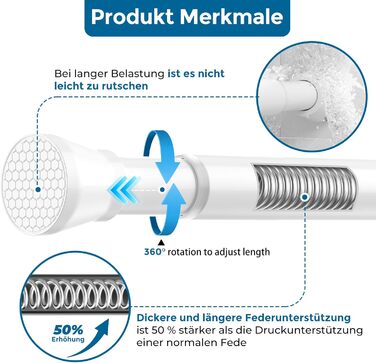 Штанга для штор без свердління AIZESI, 113-197 см, телескопічна, діаметр 22 мм, біла