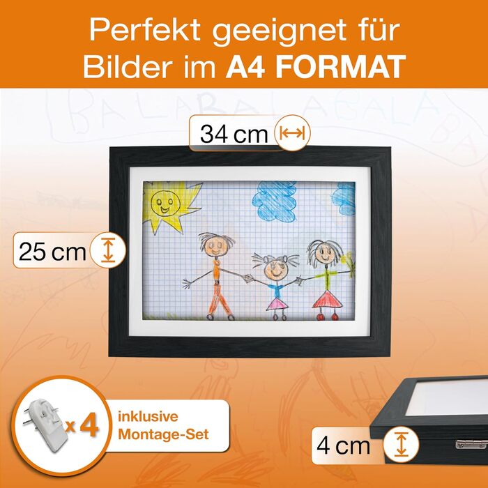 BALA® Преміум рамки для фотографій - 2 шт. A4, для дитячих малюнків та творчих робіт, з фронтальною відкриваністю та кріпленням для підвішування або встановлення, вміщують 120+ зображень (Чорний)