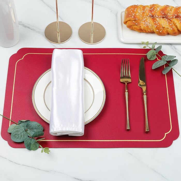 Набори підставки під тарілки Fanquare, 6 шт., зелені, прямокутні, з екошкіри, з золотим кантом. Стійкі до нагрівання, миючіся, антиковзаючі підставки для обіднього столу, весільної декоації. Розмір 45 * 30 см.