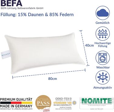 Подушка BEFA NATUR Made in Germany 40х80 см з 15 пухом і 85 пір'ям 1 класу, біла, вага наповнювача 600г. Підходить для алергіків (номіт), Downpass (2 шт. и) (40 х 80 см)