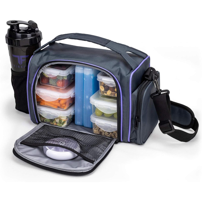 Ізольована ланчбокс з 6 контейнерами для їжі – BPA-Free, багаторазовий, підходить для мікрохвильової печі та морозильника – ланч-торба з шейкером, органайзером для пігулок, плечовим ремінцем та охолоджувальними акумуляторами – термосумка (фіолетовий)