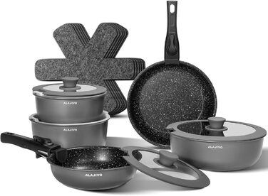 Набір посуду 17 частин з знімним ручками, антипригарне покриття, для всіх типів плит, включаючи індукційні, сумісний з духовкою (сірий)