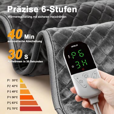 Електричний гріючий килимок XXXL (80 x 60 см) з автовимкненням, 6 температурних режимів, 4 налаштування часу для спини, плечей, живота, ніг, швидкий нагрів, можна прати в машині