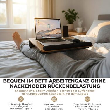 Підставка для ноутбука в ліжко та диван – з подушкою, тримачем для телефону та підкладкою для зап'ястя – підходить для ноутбуків до 17' – легка та комфортна для офісу, навчання та відпочинку (Сірий, Чорний)