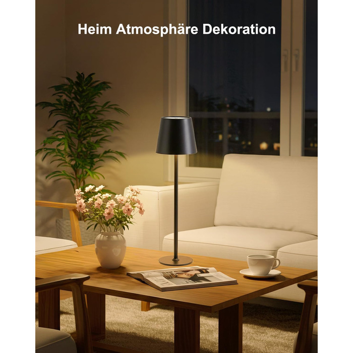 LED настільна лампа Bonsery (2 шт.) з акумулятором 5200mAh, регульована яскравість, 3 кольори світла, металева, вологостійка, 2 висоти (24/37,5 см), для дому, бару, кемпінгу, чорна