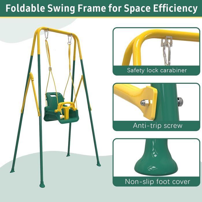 Дитяча гойдалка-шезланг 3-в-1 для дому та саду, металевий каркас, 6 місяців - 10 років (зелена)