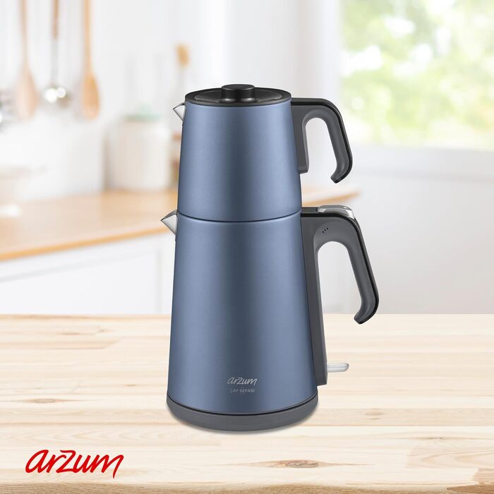 Арзум Ehlikeyf - електрочайник та турка для приготування турецького чаю, 2200W, 3,5л, 1,2л, нержавіюча сталь, регулювання температури, захист від сухого кип'яття, блакитний