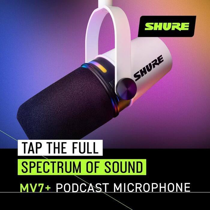 Мікрофон Shure MV7+ для подкастингу, покращений звук, LED-тачпанель, USB-C/XLR, авто-рівень, цифровий поп-фільтр, ефекти реверберації, для запису, стрімінгу, білий