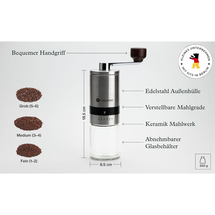 Ручна кавомолка з нержавіючої сталі з керамічним жорном | 6 ступенів помолу | для еспресо та фільтр-кави | ідеальна для дому | срібна