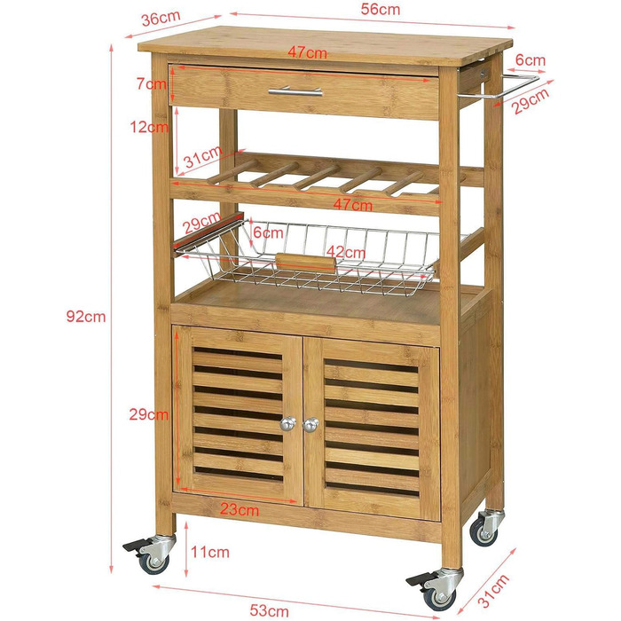 Візок для сервірування SoBuy FKW53-N, кухонний візок з кошиком і полицею для пляшок, BHT 60x92x36см