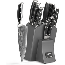 Набір кухонних ножів NANFANG BROTHERS 9 предметів з дамаської сталі, з дерев'яним блоком, нержавіюча сталь, сірий