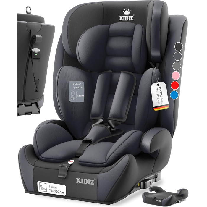 Автокрісло KIDIZ® 1+2+3 для дітей 9-36 кг з 5-точковим ременем безпеки, регульованою підголовником та Isofix (антрацит)