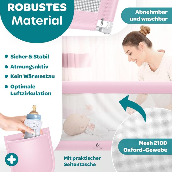 Захисний бортик для ліжка KESSER® 150 см, сітчастий бортик для дитячого ліжка, складаний та регульований по висоті, захист від випадання для немовлят та дітей (Рожевий, 180 см)