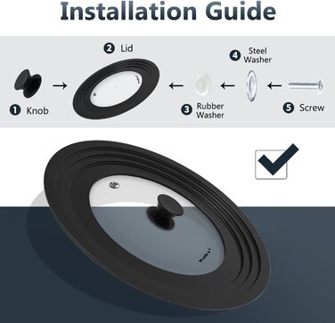 Універсальна кришка для каструль та сковорідок Walfos зі скляним куполом та силіконовим обідком, Ø 33, 36, 38 см, термостійка, чорна