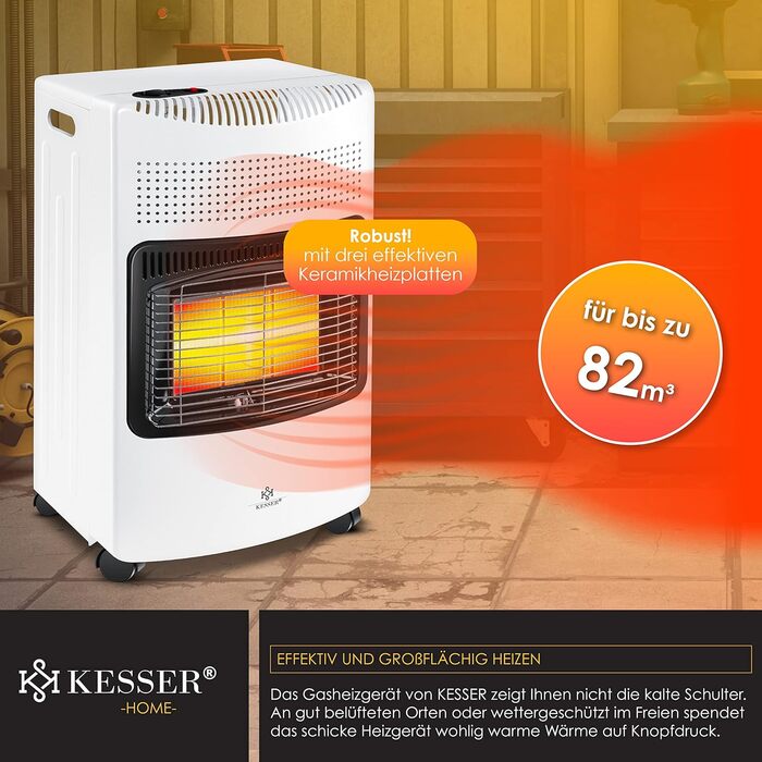 Газовий обігрівач KESSER 4200W з керамічним нагрівачем, регулятором, шлангом та захисним кожухом. Підходить для бутану/пропану до 15кг. Чорний