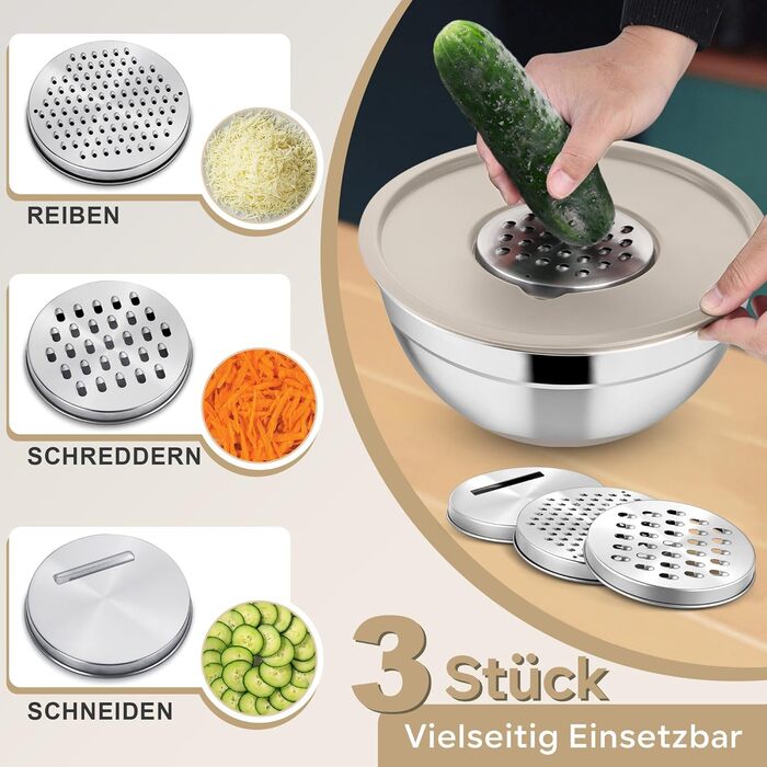 Набір мисок HaWare 6 шт. з нержавіючої сталі з кришками та набором терок, 4.6л/2.8л/2.5л/1.6л/1.2л/0.7л, з силіконовим дном, для миття в посудомийній машині