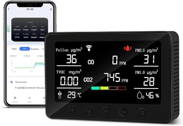 Вимірювач якості повітря Therm La Mode CF-30 зі Smart-додаток: виявлення забруднювачів, пилку, CO2, PM2.5, PM1.0, формальдегіду, температури. Великий LCD-дисплей