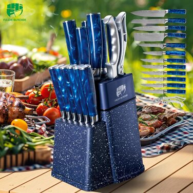 Набір кухонних ножів Fullhi 14 предметів з бруском, набір кухонних ножів, ножі для стейку, кольорова ручка, подарунок для чоловіків та жінок (блакита смола, 14 шт.)