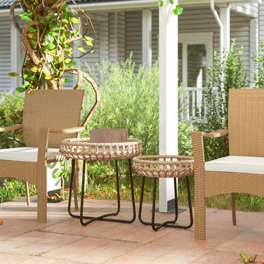 Outsunny Набір з 2 бічних столів Poly Rattan Ø60/41 см Круглий стійкий до погодних умов садовий стіл з регульованими подушечками для ніг X-Legs Відкритий балконний столик Журнальний столик Садові меблі для саду, балкон коричневий | Аосом