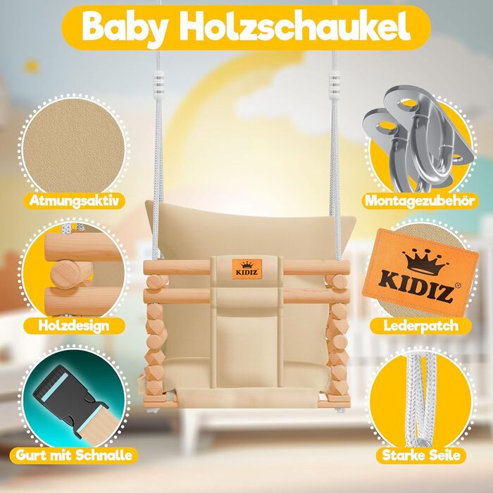 Дитячий гойдалка-колиска KIDIZ® для немовлят від 6 місяців та малюків до 3+ років (Бежевий) - дерев'яна, з регульованою висотою та м'якою подушкою, для дому та вулиці