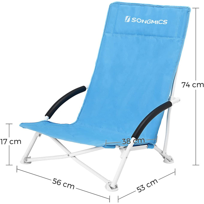 Пляжне крісло SONGMICS з високою спинкою, портативне складане крісло, розкладне крісло для кемпінгу, складне, легке, зручне та важке, вуличне крісло з сумкою для перенесення (1, синій)