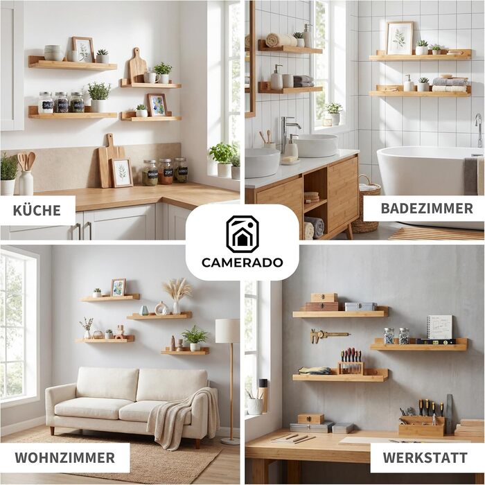 Camerado Набір з 2 бамбукових полиць-карнизів 60 см - настінне дерев'яне полиця з кріпленнями та заглушками