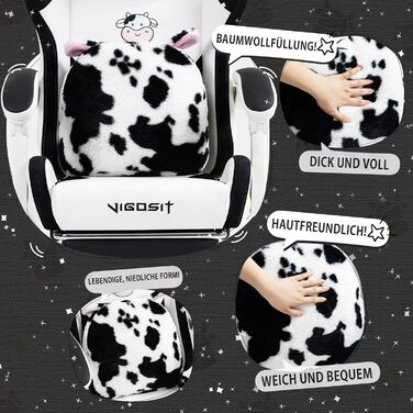 Ігровий крісло з милою формою та подушкою Каваї, ергономічний комп'ютерний ігровий стілець для дівчат з підтримкою попереку та підставкою для ніг, зручне відкидне крісло для підлітків (чорно-білий)