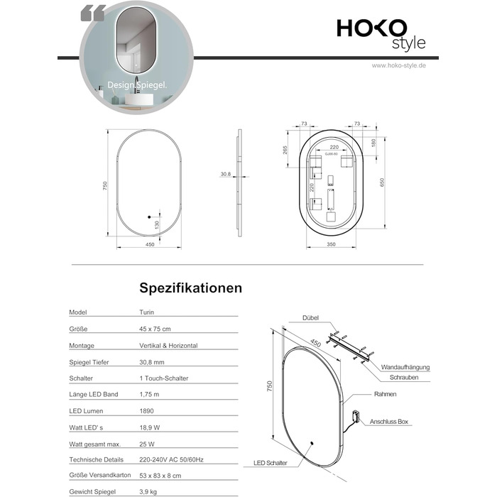 Дзеркало для ванної кімнати LED HOKO Design Turin овальне 45x75 см, чорний матовий каркас, сенсорне керування, зміна кольору світла (тепле/холодне/нейтральне)