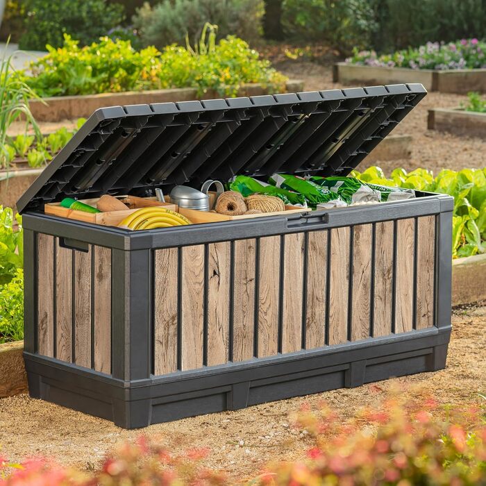 Садова скриня Koll Living Kentwood 350л з дерева (під сосну) з сидінням - водонепроникна, для зберігання подушок, інструментів, іграшок