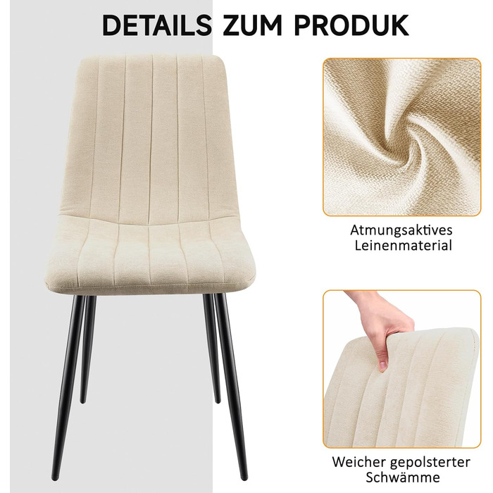 Набір обідніх стільців для вітальні/кухні, тканина льон, м'які стільці на металевих ніжках, колір хакі (8, бежеві вертикальні смуги)