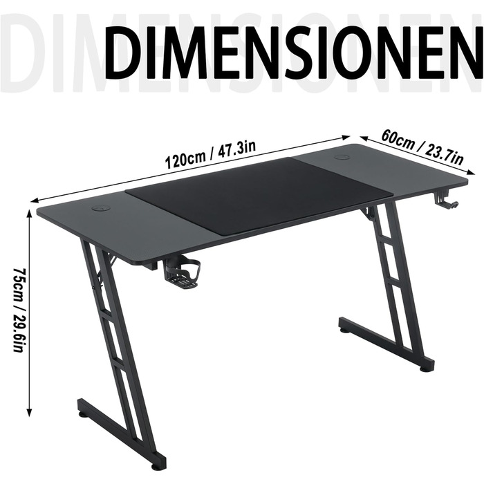 Ігровий стіл YRHome 120x60 см – стіл для комп'ютера з тримачем для напоїв, кабелепроводами та карбоновою поверхнею. Ергономічний стіл для геймерів та офісу, чорний (без LED). Розміри: 120 x 60 см