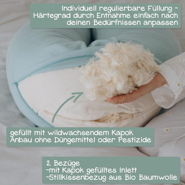 Подушка для годування Stillkissen XXL з органічної бавовни та наповнювачем з капоку | велика подушка для годування та пляшечки | вагітна подушка для сну на боці | антиалергенна та тиха | 190x30 см, кремовий колір, перкал