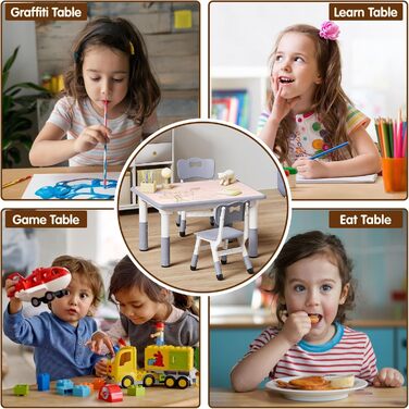 Дитячий стіл JoyHood з 2 стільцями - регульована висота. Набір дитячих меблів для дітей 3-8 років. Сірий колір. Підходить для школи, дитячого садка, дому.