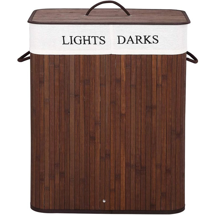 Кошик для білизни Bakaji з двома відділеннями для сортування світлого та темного одягу, бамбук та тканина, складний, з кришкою та ручками
