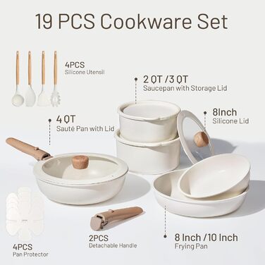 Набір посуду CAROTE 19 предметів, антипригарне покриття, кухонний набір, безпечний для духовки та холодильника, економія місця, універсальний набір, кремовий (19 шт)